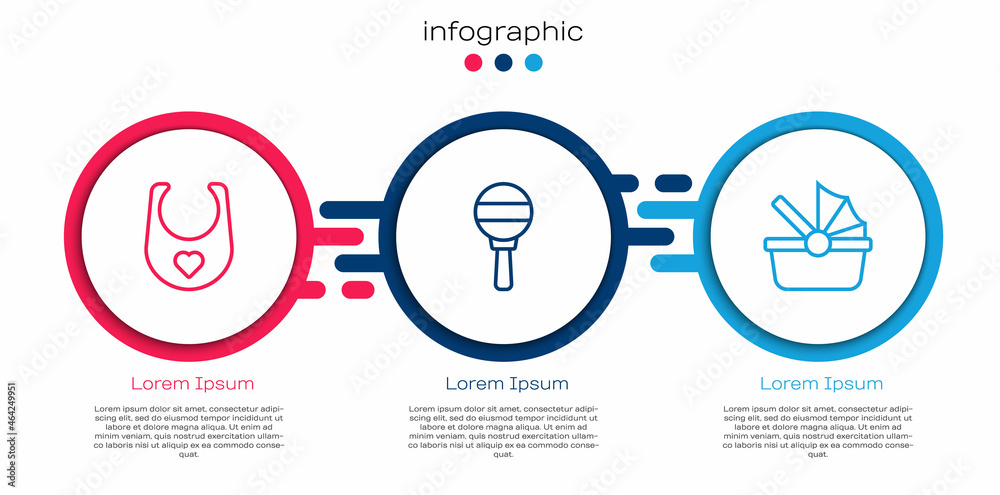 套装婴儿围兜，Rattle婴儿玩具和婴儿车。商业信息图模板。矢量