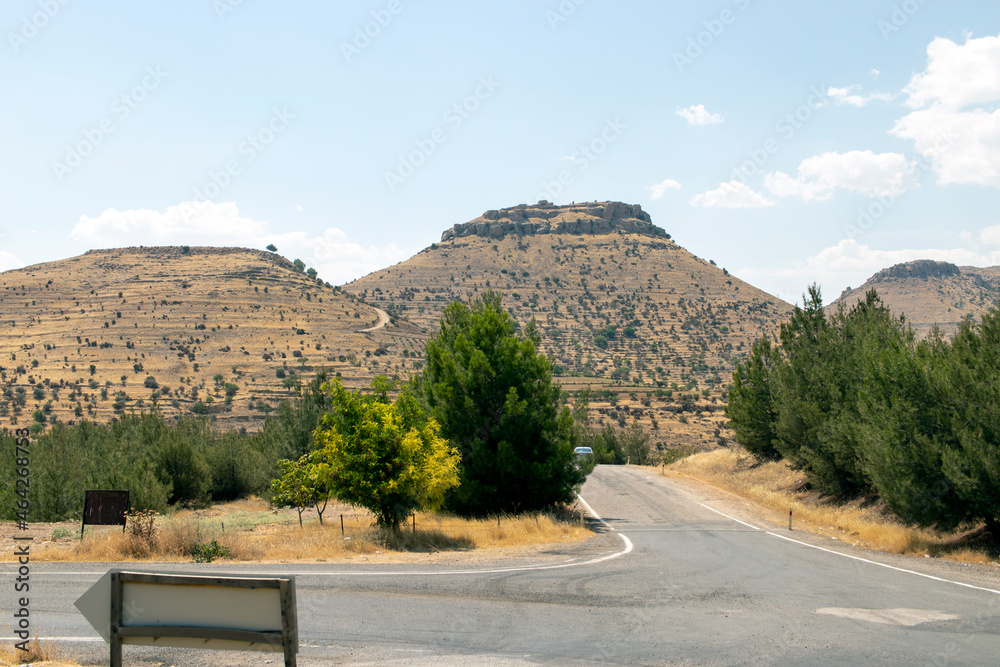 View of mountains hills and steppe vegetation.