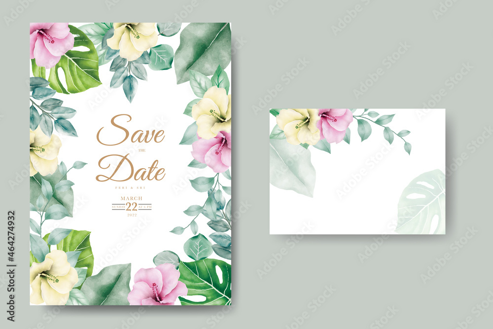 wedding invitation card with floral leaves watercolor