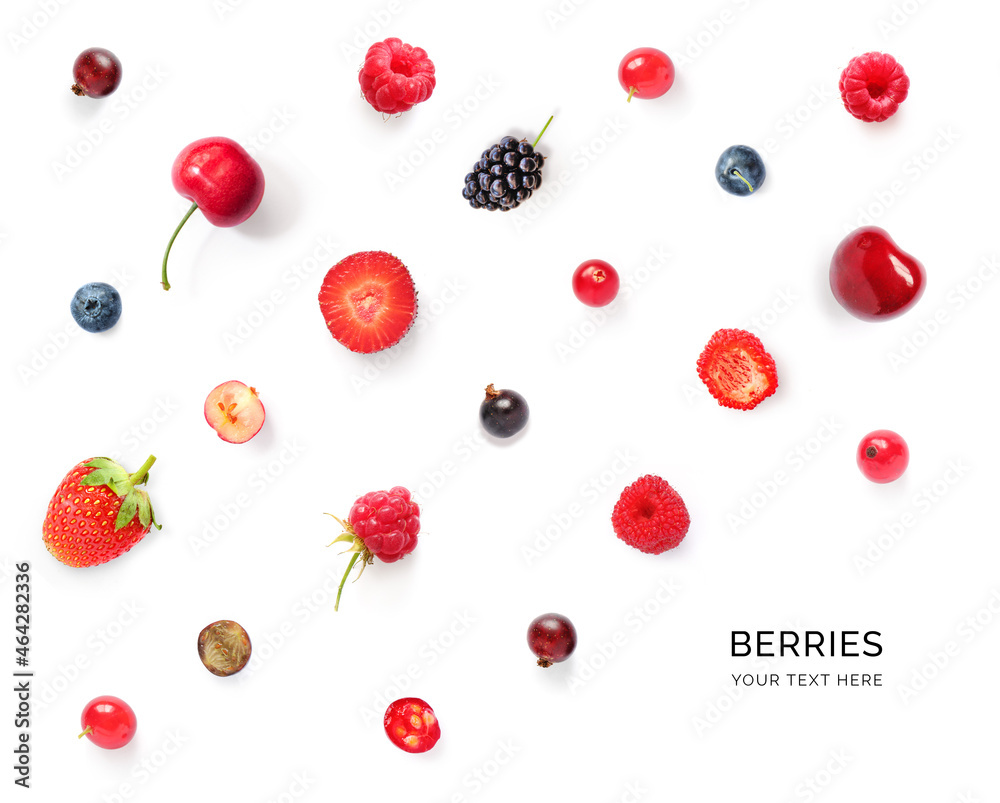 Creative layout made of cherry, strawberry, raspberry, blueberry, red currant on the white backgroun