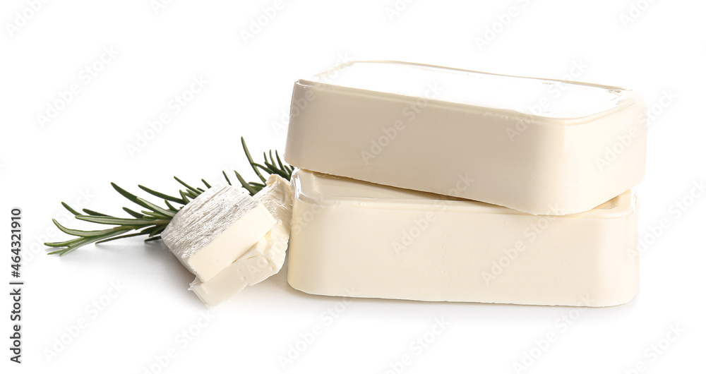 Healthy feta cheese and rosemary on white background