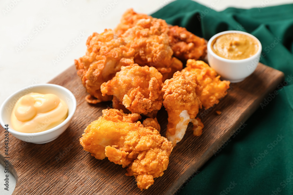 Board with popcorn chicken and sauces on light background