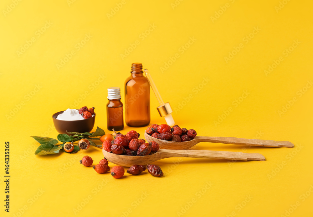 Spoons with dried rose hip berries and cosmetics on color background