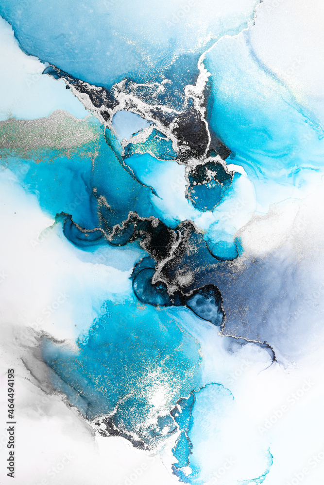 Blue silver abstract background of marble liquid ink art painting on paper . Image of original artwo