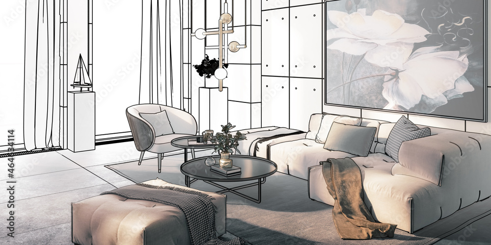 Sitting Group Inside a Modern Style Panoram Apartment With Artwork (planning) - panoramic 3D Visuali