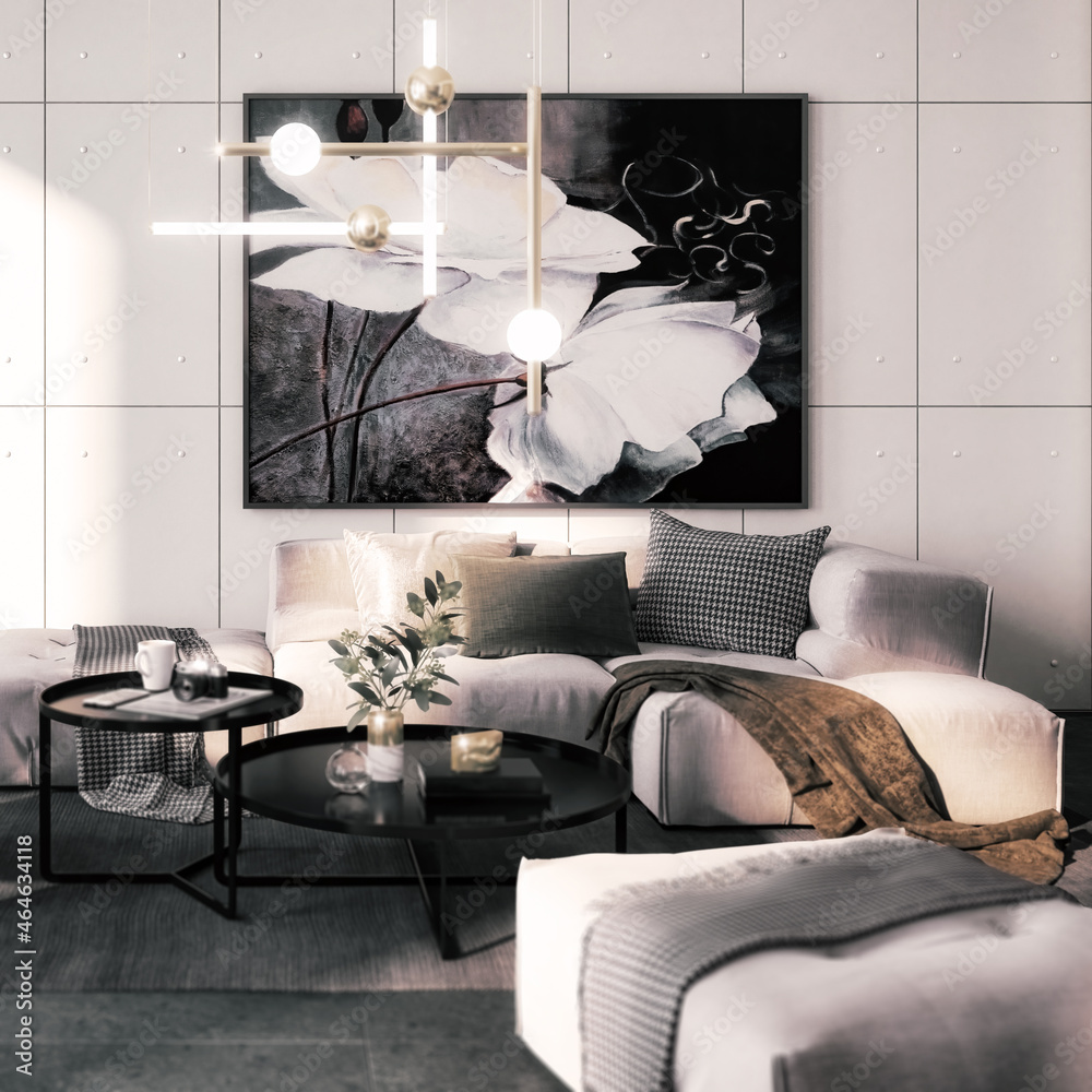 Cute Sitting Group Inside a Modern Style Apartment With Artwork (detail) - 3D Visualization