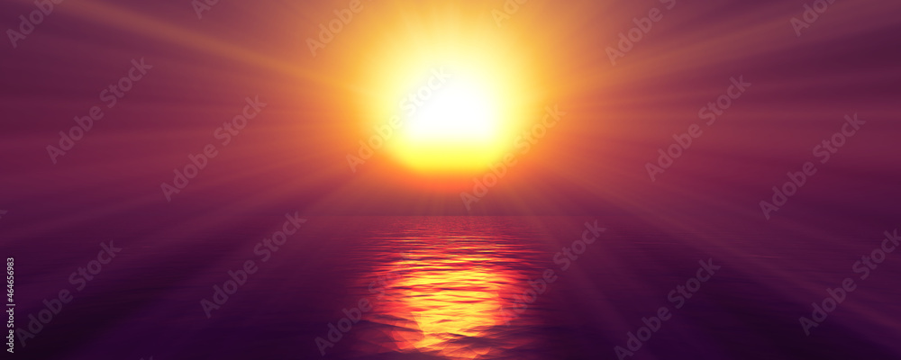 sunset sea sun ray clear sky. 3d rendering