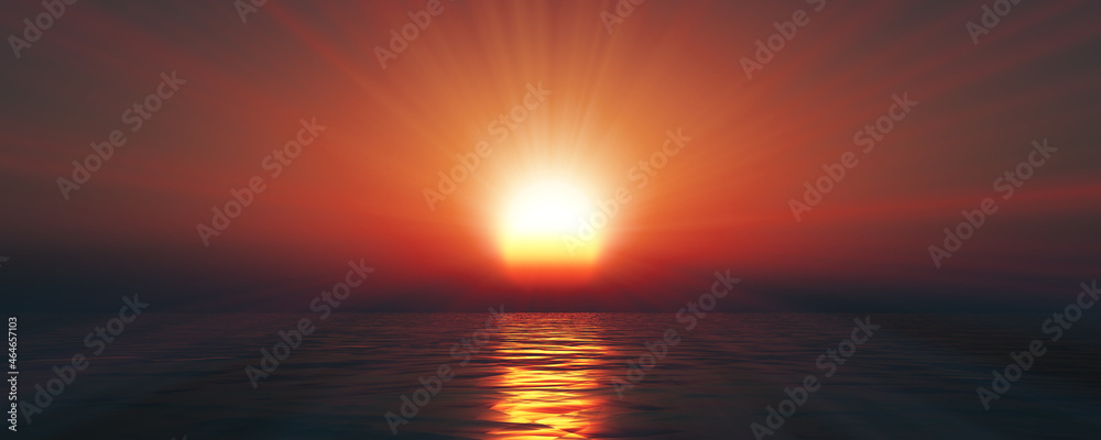 sunset sea sun ray clear sky. 3d rendering