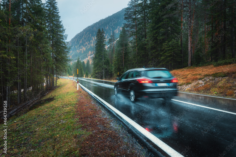 雨中秋林道路上行驶的模糊汽车。托斯卡纳完美的沥青山路