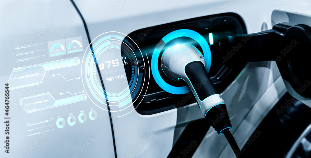 EV charging station for electric car in concept of alternative green energy produced from sustainabl