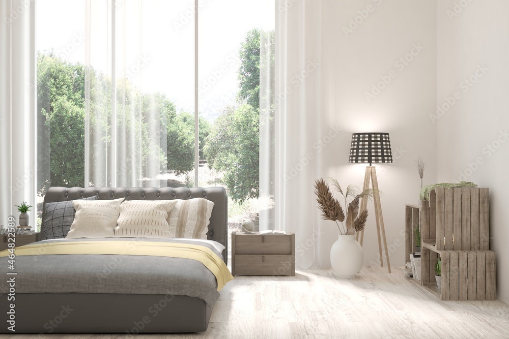 Soft color bedroom interior. Scandinavian design. 3D illustration