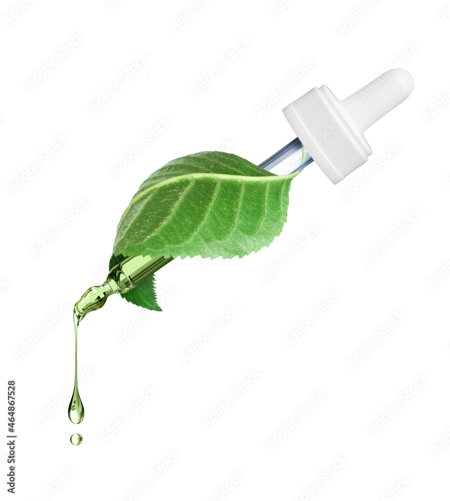 Cosmetic pipette with green leaf close-up, isolated on white background