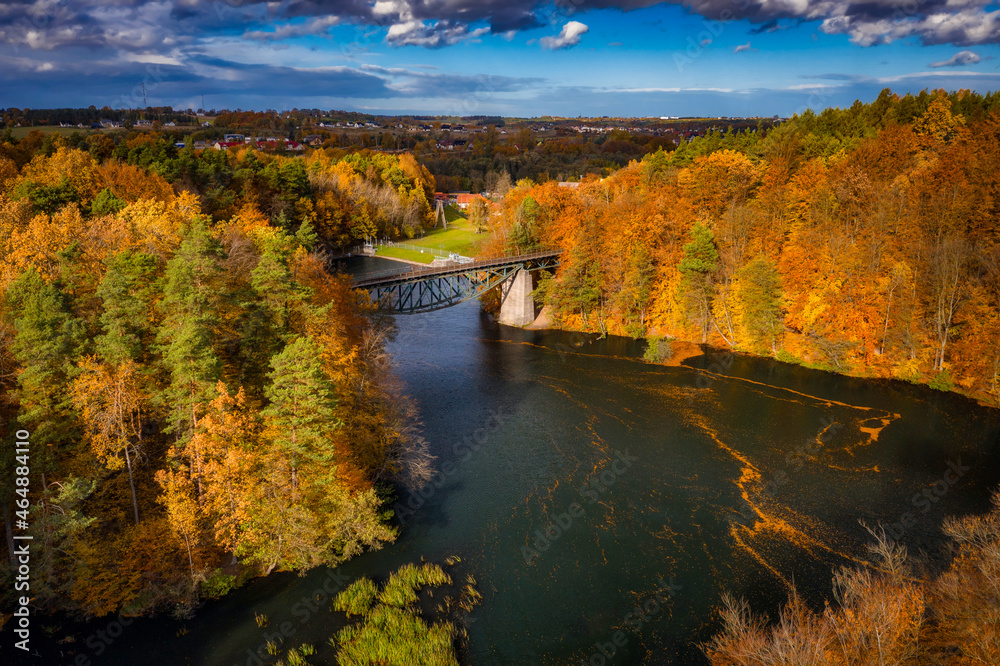 Autumnal scenery and the railway bridge in Rutki, Kashubia. Poland