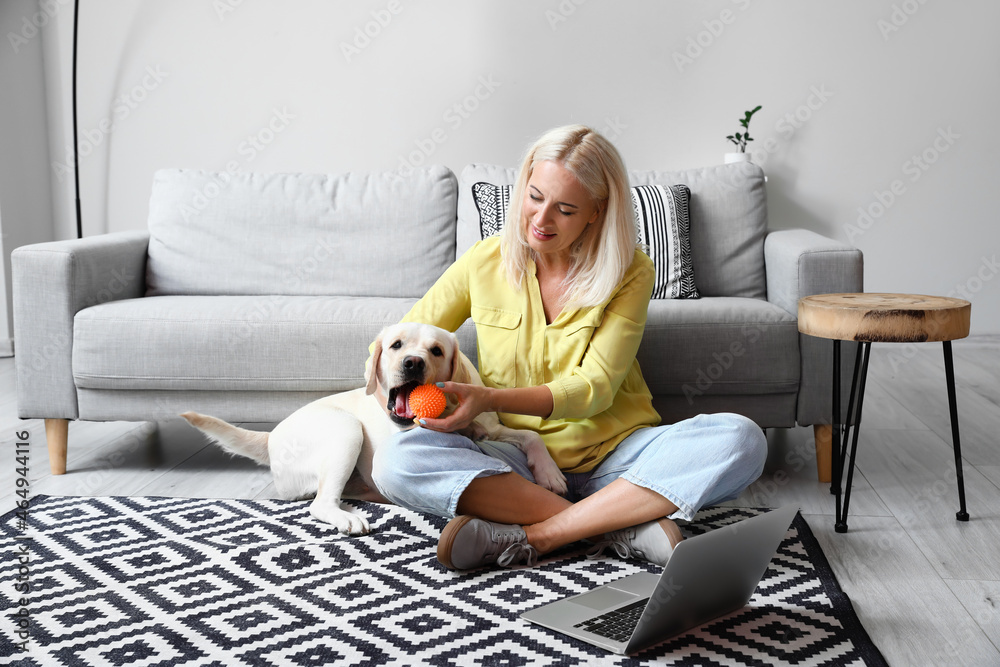 Mature woman with cute Labrador dog playing in living room