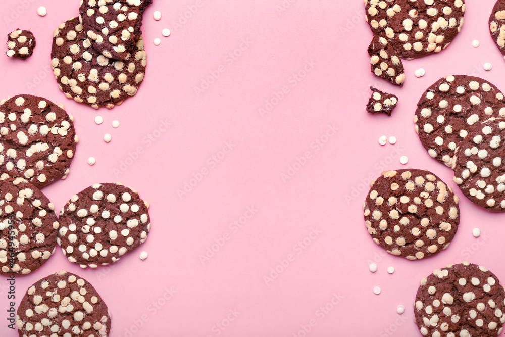 Yummy cookies with white chocolate chips on color background