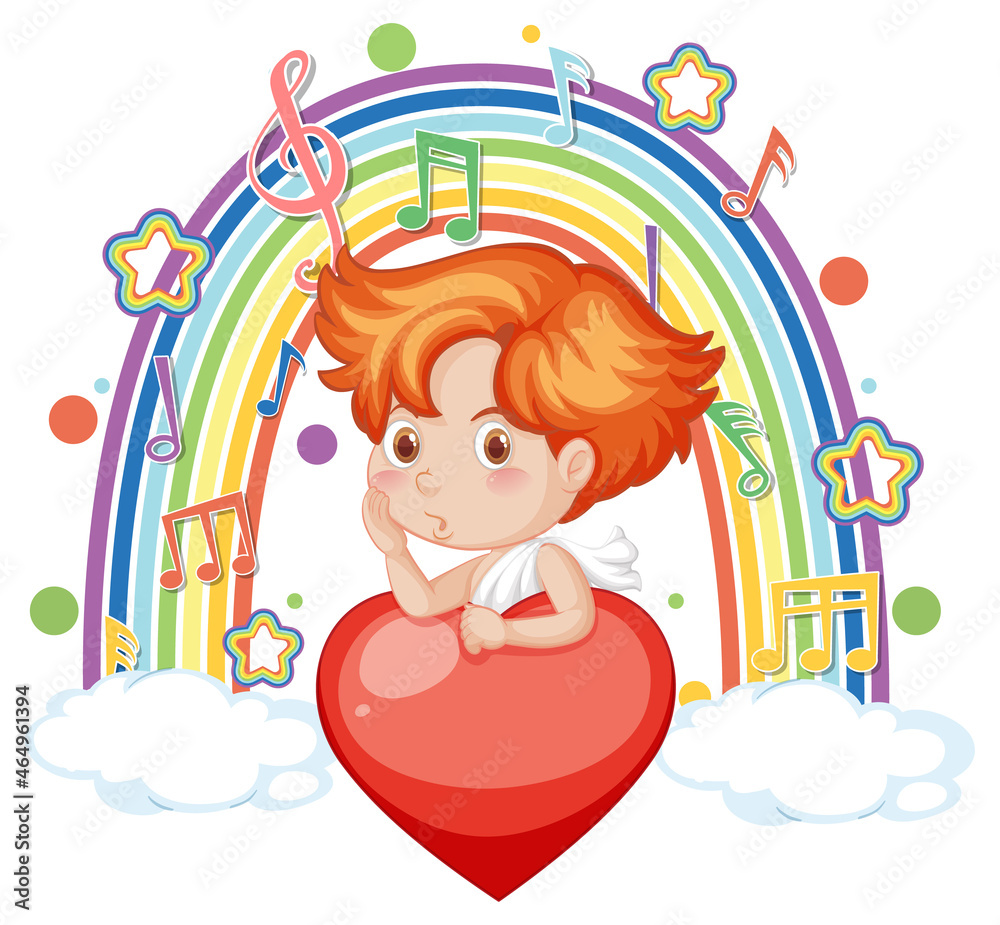 Cupid boy with melody symbols on rainbow