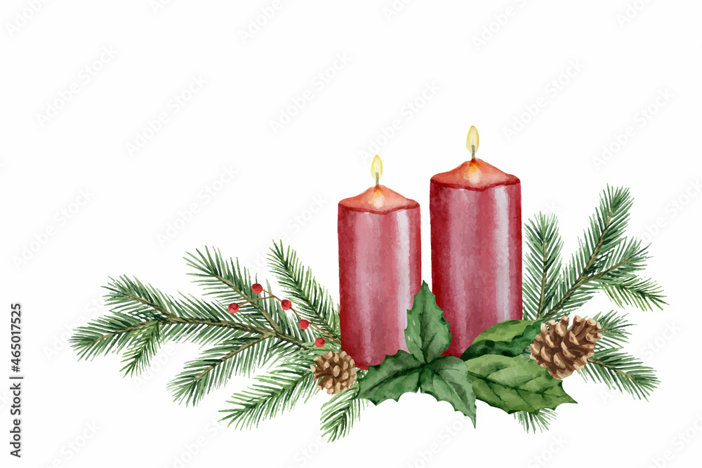 Watercolor vector Christmas card with red candles and fir branches.