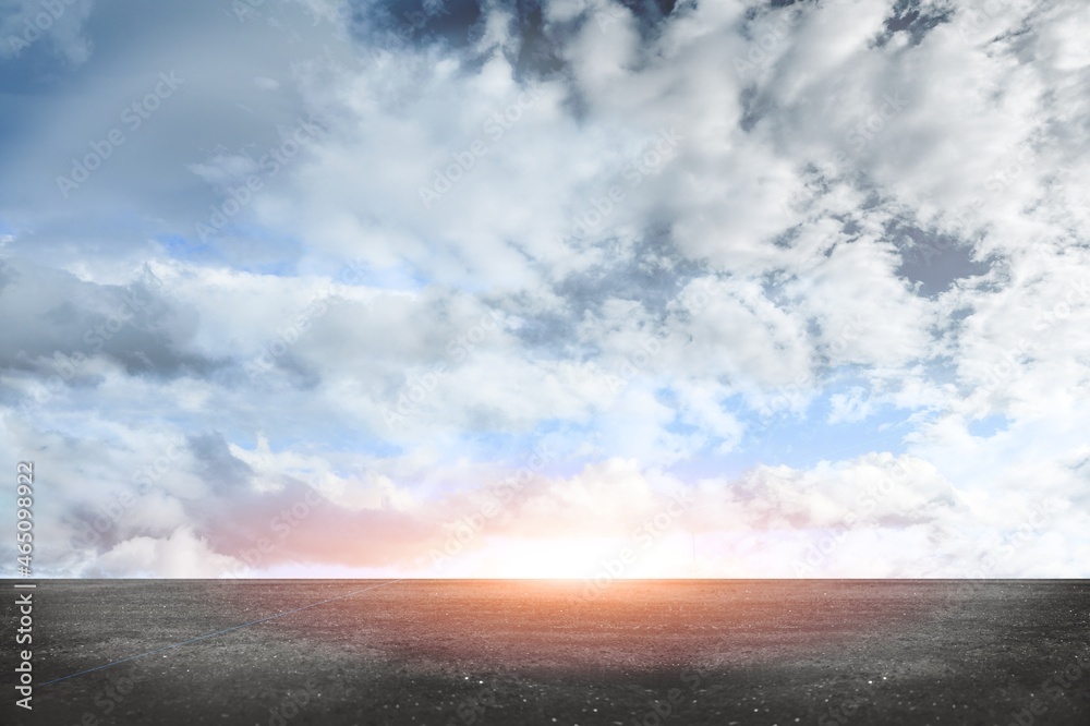 Dark Floor Background with Scenic Night Sky Horizon and Dramatic Clouds