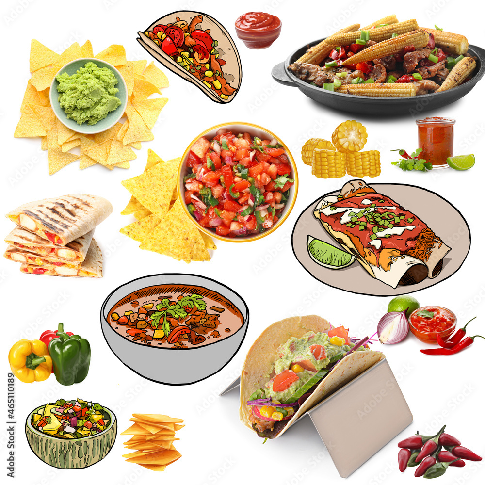 Collection of popular Mexican food on white background