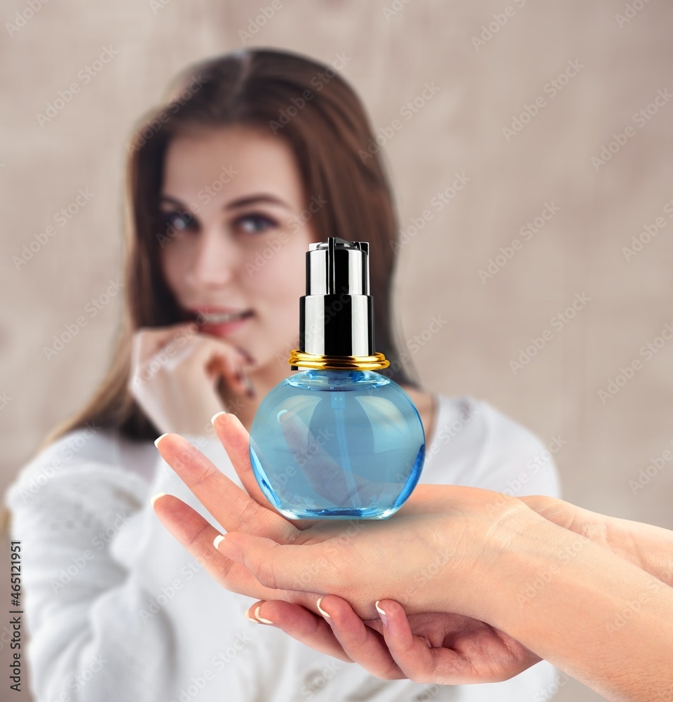 Skin Care. Beauty Woman Holding Bottle With Dropper Near Face