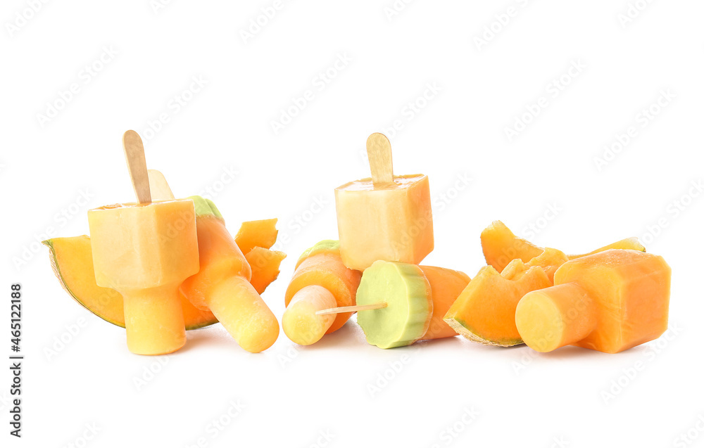 Tasty melon popsicles on white background