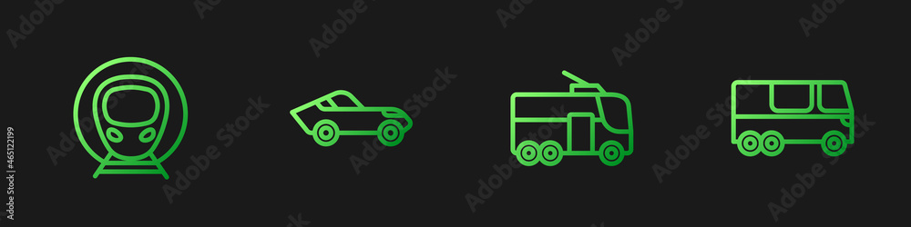 设置线路电车，火车和铁路，汽车和公共汽车。渐变色图标。矢量