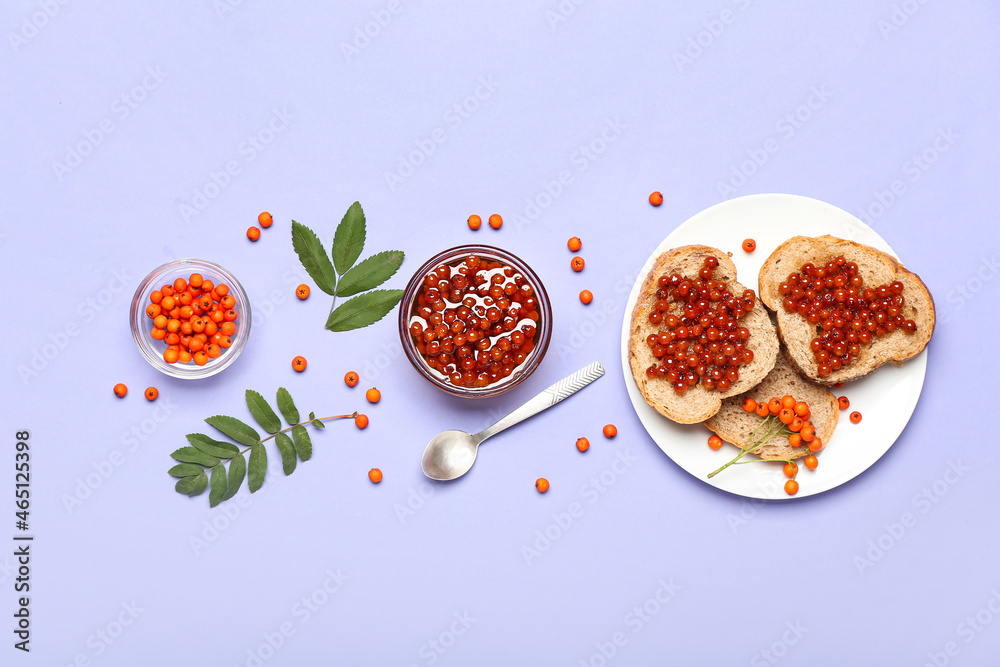 Plate with tasty sandwiches and rowan jam on color background