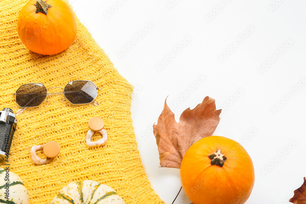 Stylish female accessories and autumn decor on white background, closeup