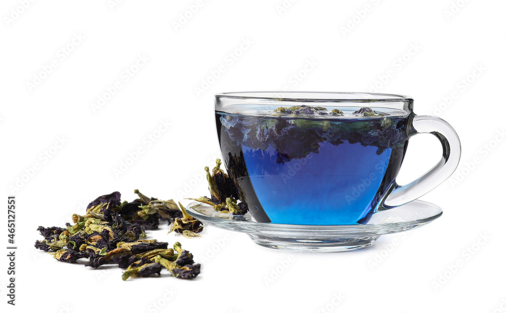 Cup of butterfly pea flower tea on white background