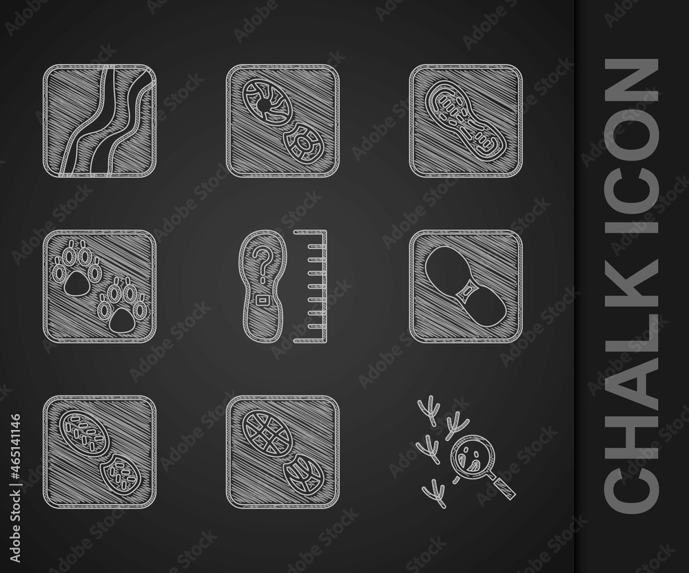 Set Square measure foot size, Human footprints shoes, Bird, Paw, and Snake paw icon. Vector