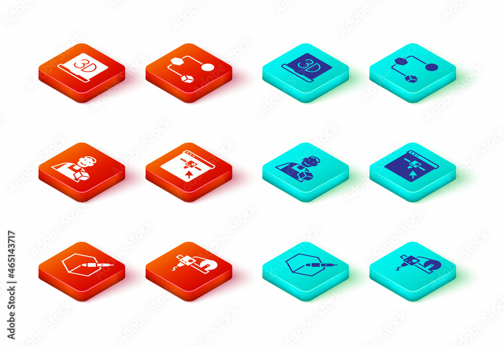 Set 3d pen tool, 3D printer, Graphic designer, setting, Isometric cube and icon. Vector