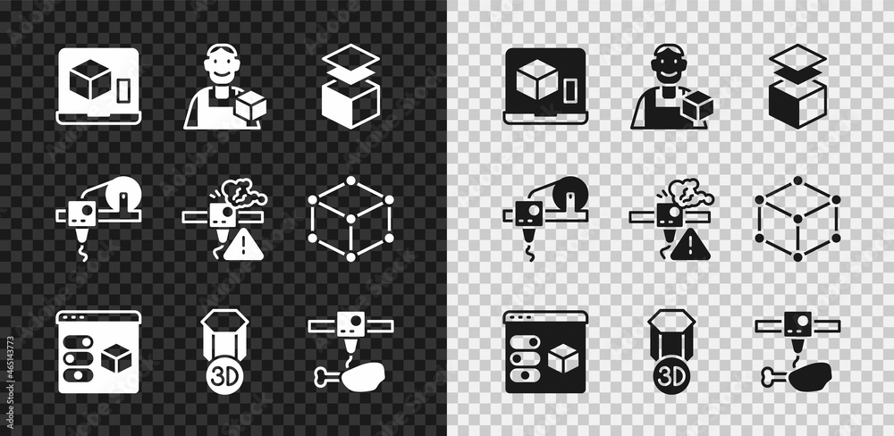 设置3D打印机、平面设计师、图层、鸡腿和警告图标。矢量