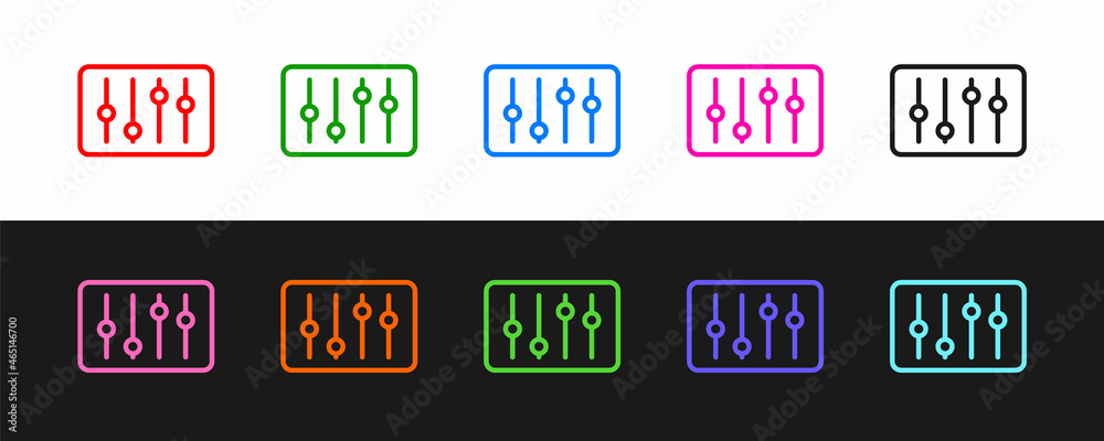 Set line Sound mixer controller icon isolated on black and white background. Dj equipment slider but