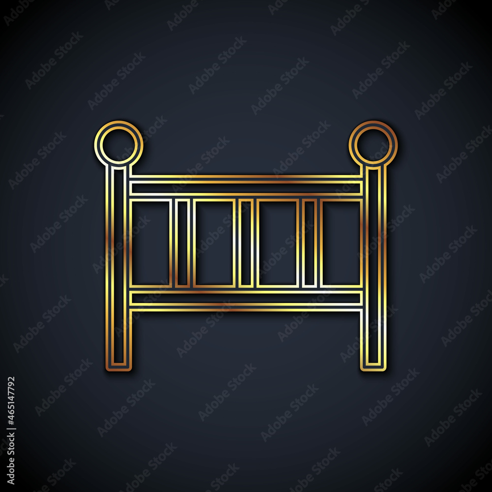 金色线条婴儿床摇篮床图标隔离在黑色背景上。矢量