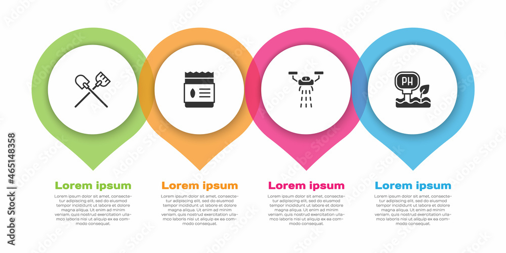 Set Shovel, Pack full of seeds of plant, Smart farm with drone and Soil ph testing. Business infogra