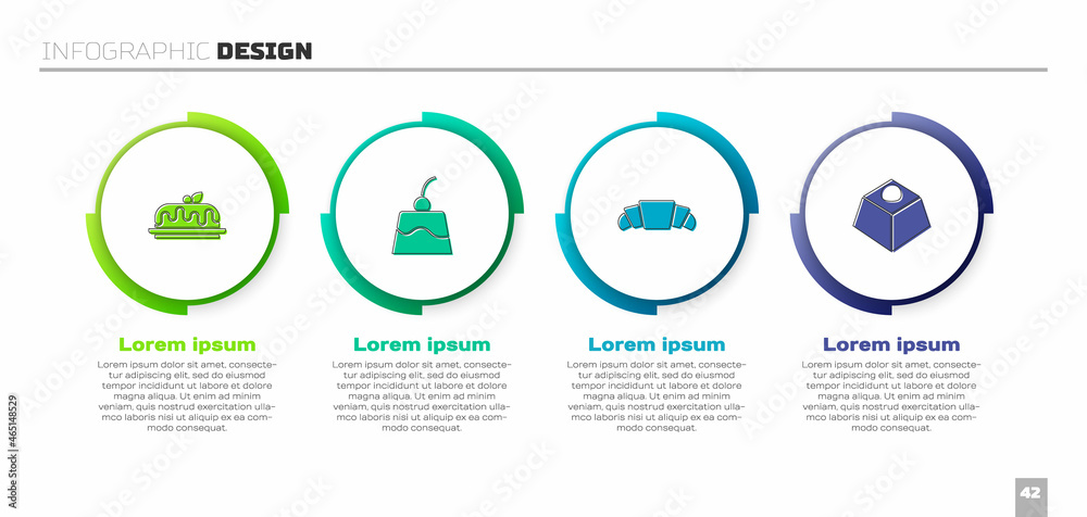 套装蛋糕、布丁奶油冻、羊角面包和布朗尼巧克力蛋糕。商业信息图模板。Vect