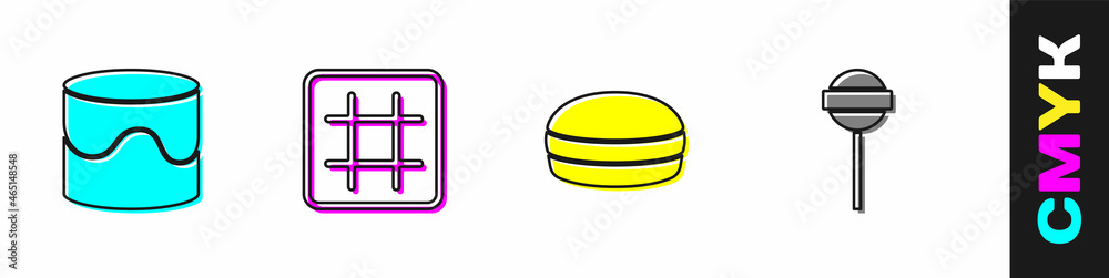 Set Cake, Waffle, Macaron cookie and Lollipop icon. Vector