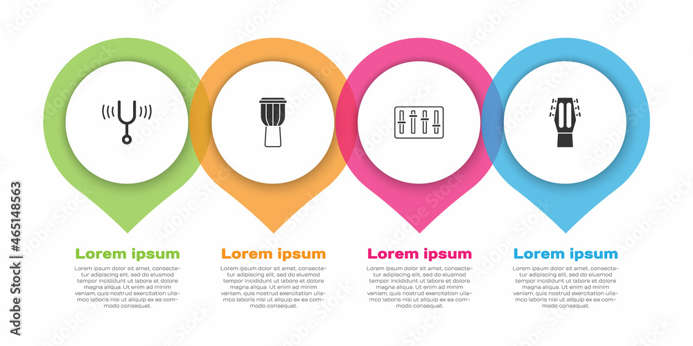 Set Musical tuning fork, Drum, Sound mixer controller and Guitar. Business infographic template. Vec