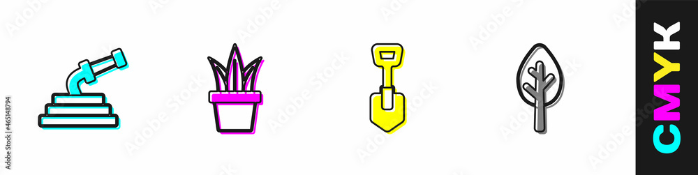 Set Garden hose, Plant in pot, Shovel and Forest icon. Vector