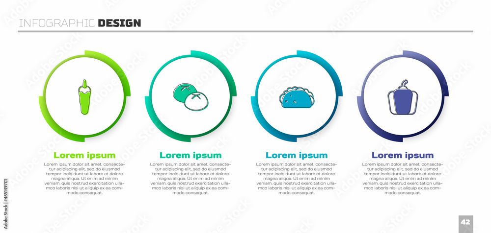 Set Hot chili pepper, Bread loaf, Taco with tortilla and Bell. Business infographic template. Vector