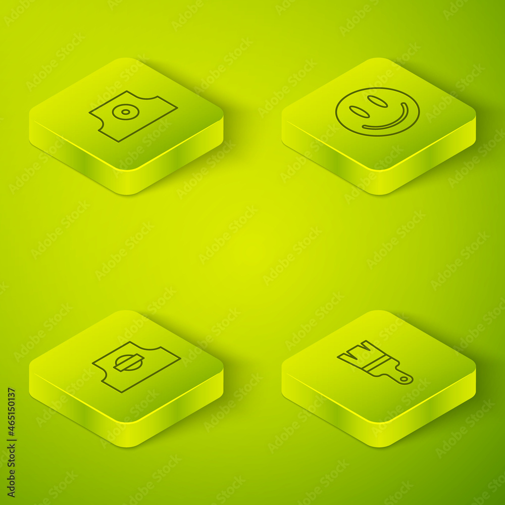 Set Isometric line Smile face, Spray can nozzle cap, Paint brush and icon. Vector