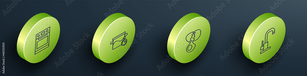 Set Isometric line Oven, Cooking pot, Broken egg and Water tap icon. Vector