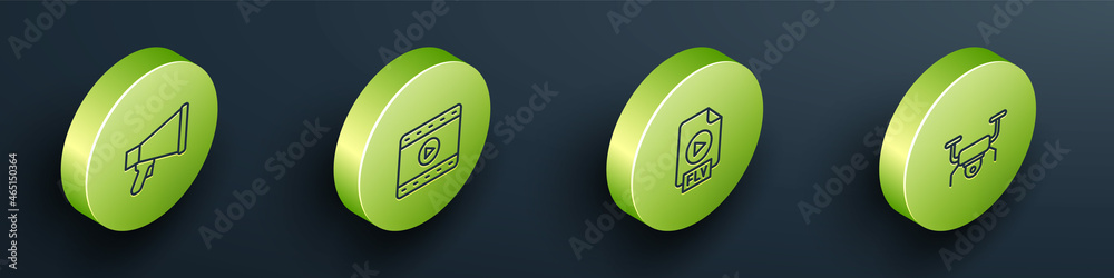 Set Isometric line Megaphone, Play Video, FLV file document and Drone flying icon. Vector