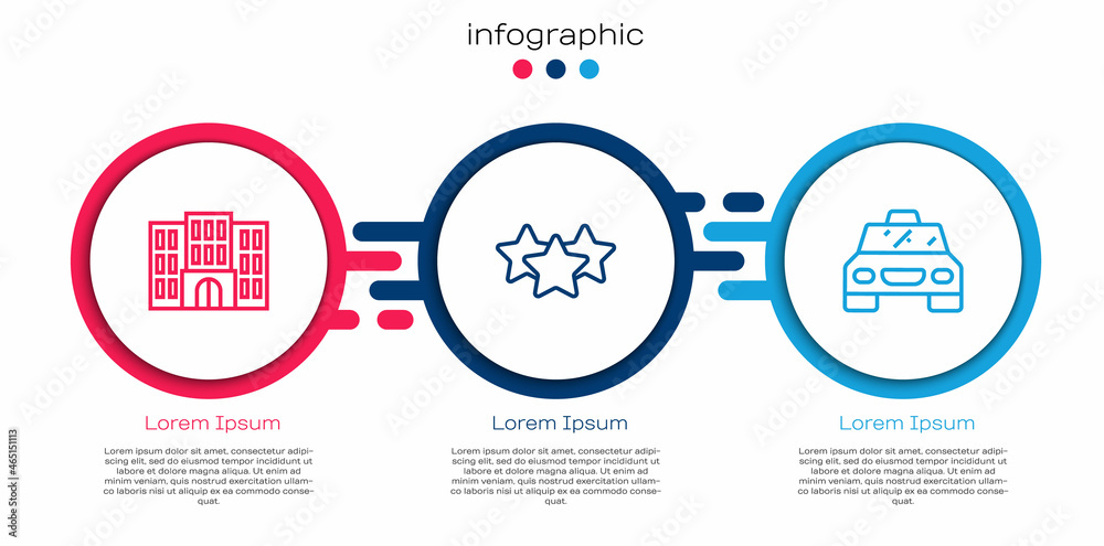 设置线路酒店建筑、星级评定和出租车。商业信息图模板。矢量
