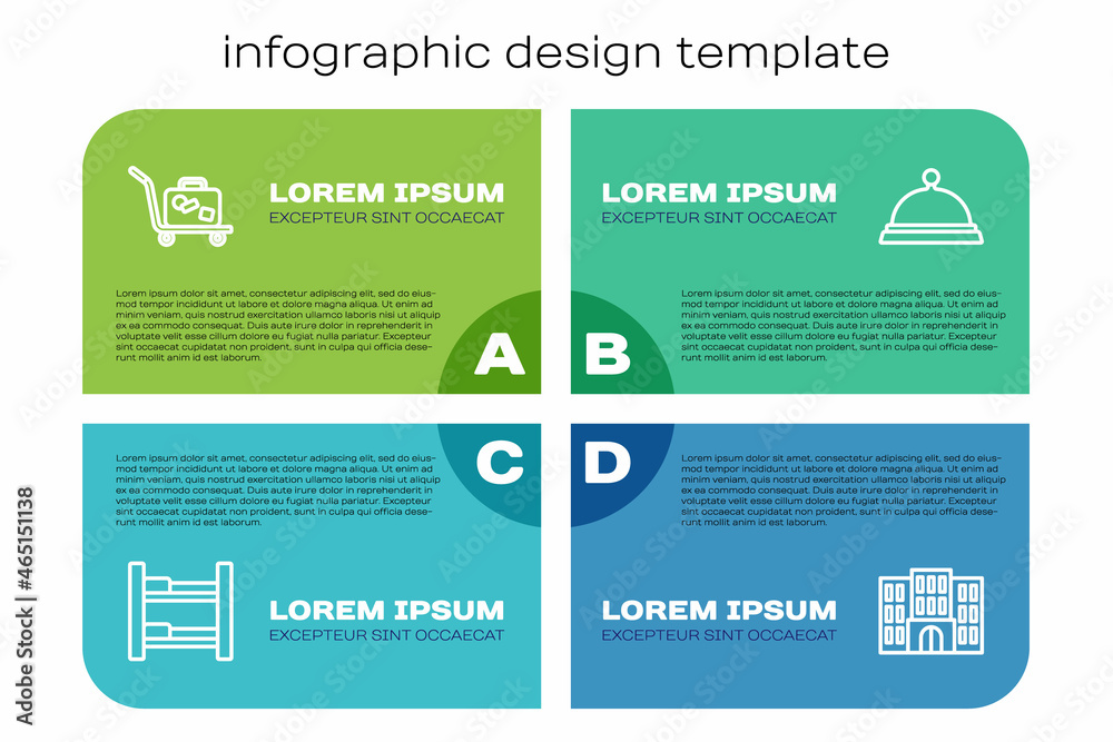 Set line Hotel room bed, Trolley suitcase, building and Covered with tray of food. Business infograp