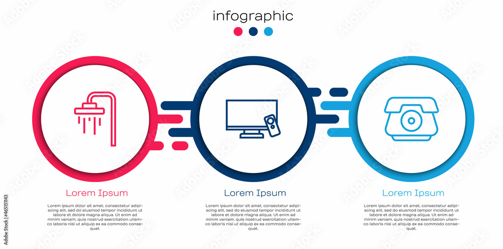 设置线淋浴器、智能电视和电话手机。商业信息图模板。矢量