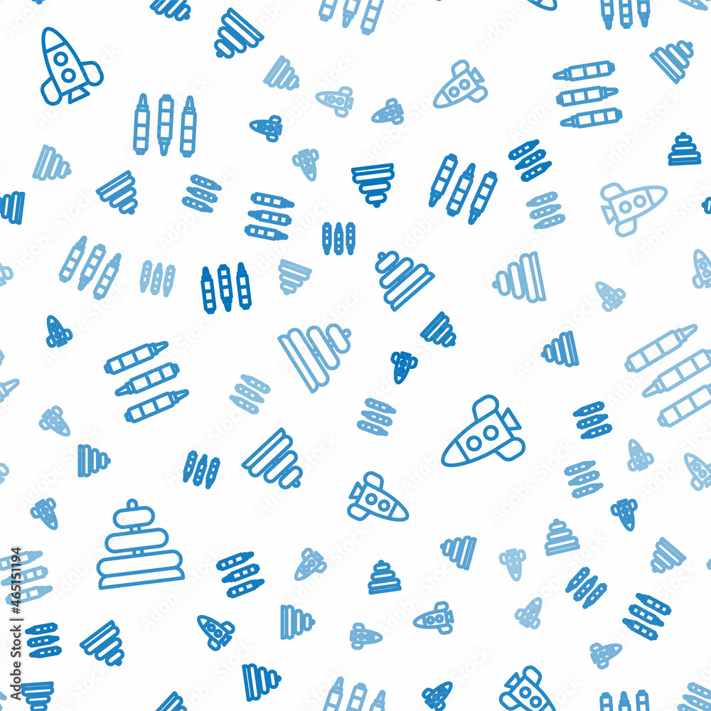 Set line Pyramid toy, Rocket ship and Marker pen on seamless pattern. Vector