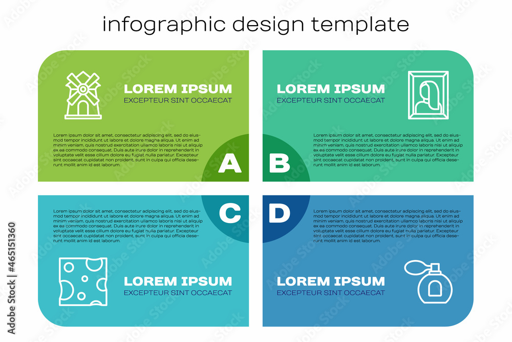 Set line Cheese, Windmill, Perfume and Portrait picture museum. Business infographic template. Vecto