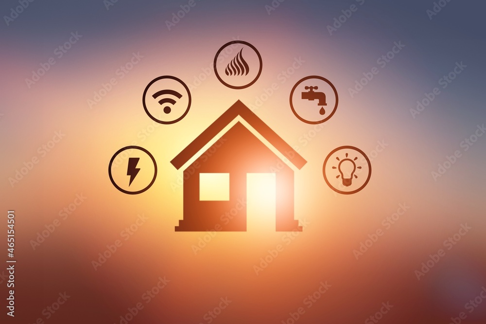 Miniature house image and symbols of public utilities.