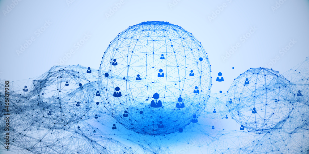 Abstract glowing blue grid globe with people icons on light backdrop. Social media, networking, comm